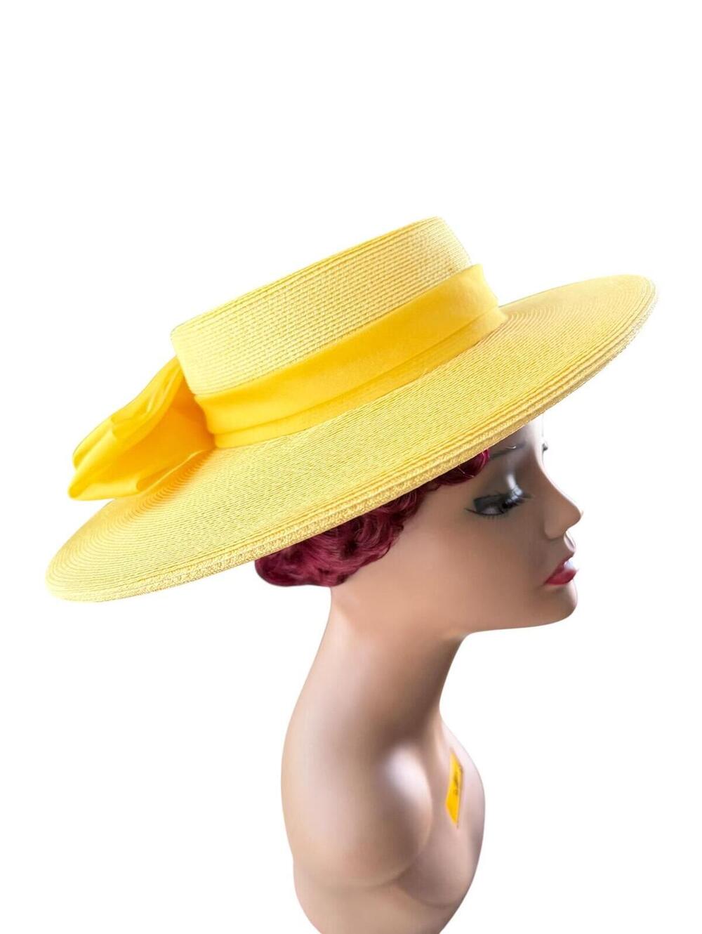 Vintage 80s Yellow Straw Wide Brimmed Hat, Chiffon Bow, Sunhat, G. Fox - Picture 7 of 8